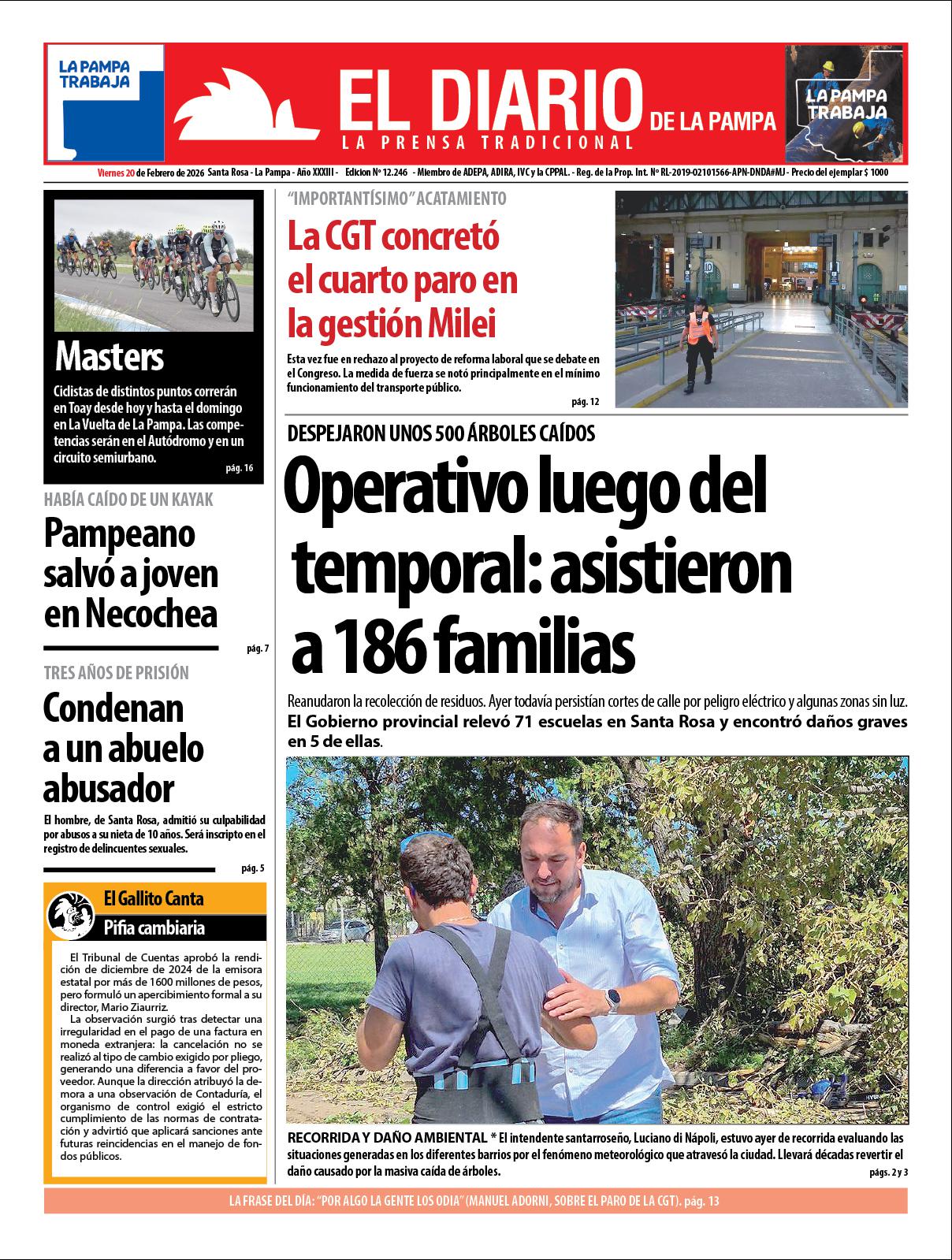 Tapa de El Diario en papel  viernes 20 de febrero de 2026